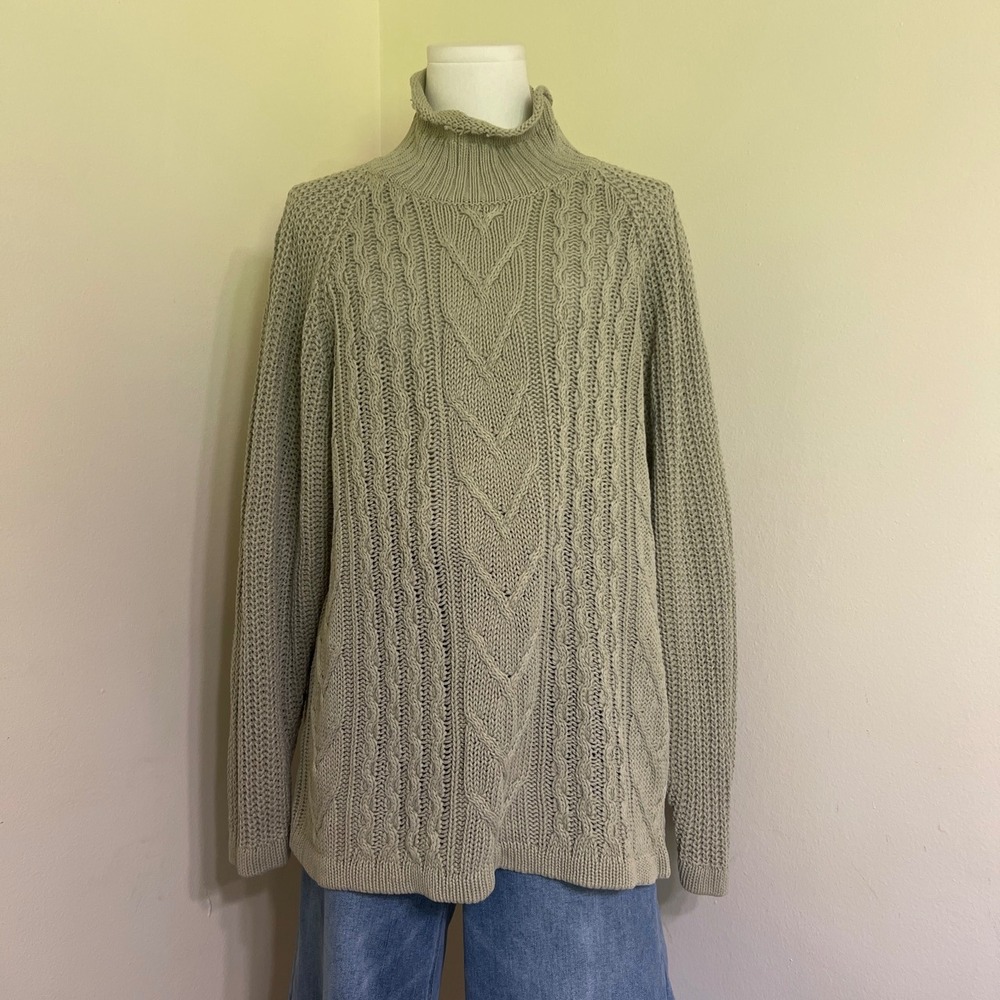 Vintage Forenza Cable Knit Turtleneck Sweater Sage Green Ramie Cotton Medium